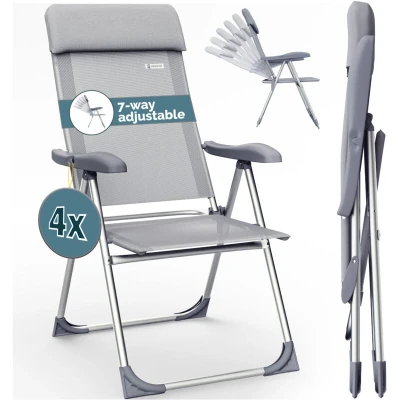Image of CASARIA® 4x Aluminium High Back Folding Garden Chairs Lightweight 7 Way Adjustable Backrest Armchairs Set Padded Headrest Patio Balcony Camping Outdoor Grey Melange/Black