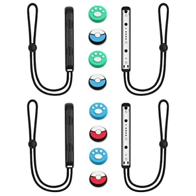 Image of Vicloon Wrist Straps for Switch Joycon 2 Pair, Controller with 8 Thumb Grip Stick Caps, Hand Accessories, Adjustable Elastic Wristband Strap (Black)