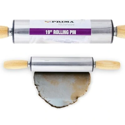 Image of Stainless Steel Non Stick 19&quot; Rolling PIN Pastry Dough Baking Kitchen Wooden New