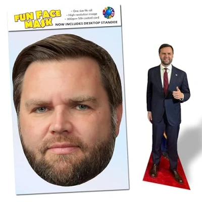 Image of Party People 1 x JD Vance Ready To Wear Celebrity Face Mask Includes Freestanding 20cm Desktop Standee Card Cutout