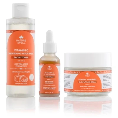 Image of Nature Spell Vitamin C Skincare Set, Serum for Face + Moisturiser Witch Hazel Toner Face, 3 Step Routine, Made in UK