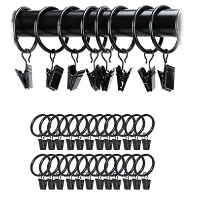 Image of Black Curtain Rod Ring Clips, 24 Pack Rustproof Metal Drapery with Hook/Hanger Clips Eyelets for Holding Heavy Curtains Set and Drapes (38 mm)