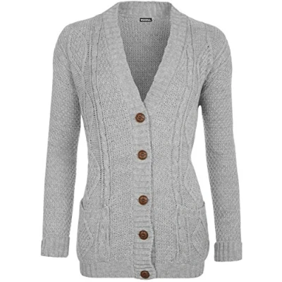 Image of WearAll Womens Cable Knitted Button Cardigan Long Sleeve Ladies Boyfriend Top Grey 20 22