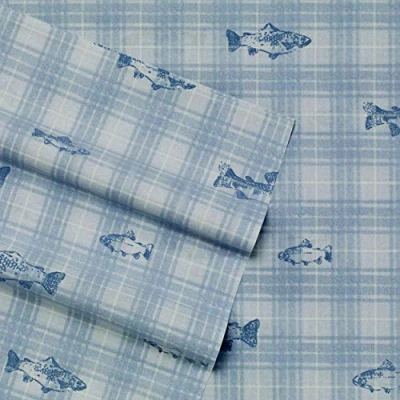 Image of Eddie Bauer Sheets Cotton Percale Bedding Set, Crisp &amp; Cool Home Decor, Twin, Methow Plaid Blue