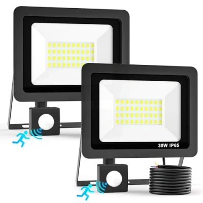 Image of Realky 30W Security Lights Outdoor Motion Sensor, 3000LM PIR Sensor LED Floodlight 6500K IP66 Waterproof Spotlight for Backyard Garden Garage（2 Pack）