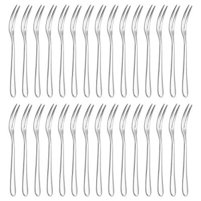 Image of Stainless Steel Fruit Forks, DBAILY 30pcs Mini Elegant Dessert Pastry Appetizer Forks Set Fine Polishing Small Two Prong Cake Fork for Home Restaurant Buffet (Silver) 13cm
