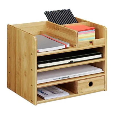 Image of Relaxdays Desk Organiser, A4 Letter Tray, Keep Notes and Pens Neat Tidy, Drawer, Office Storage, Bamboo