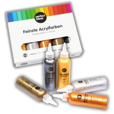 Image of perfect ideaz 5 tubes of metallic acrylic paints, each 150 ml (750 ml), creative paint colours, high pigment content, coverage, fast drying, for painting &amp; drawing