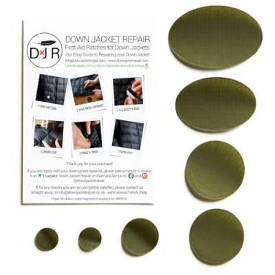 Image of Down Jacket Repair Patches: Easy to Use, Pre Cut, Self Adhesive, Soft, Waterproof, Tear Resistant Rip Stop Nylon Fabric Patches Fix Holes in Clothing, Jackets, Outdoor Gear Olive