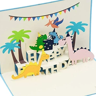 Image of Favour Pop Up Birthday Card 13 x 18 cm a delicate work of art that unfolds as dinosaur party when opened. TBX094