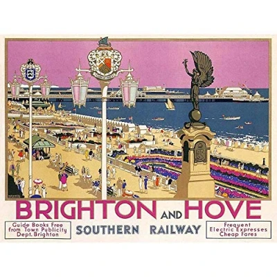 Image of Wee Blue Coo Travel Brighton Hove Sussex Beach Resort Pier Sea Pink Sky Art Print Poster Wall Decor 12X16 Inch