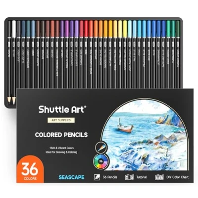 Image of Shuttle Art 36 Colouring Pencils Set, Seascape Themed Coloured for Adult Colouring, Soft Core Colour Pencils, Drawing Kids Artists Beginners Sketching