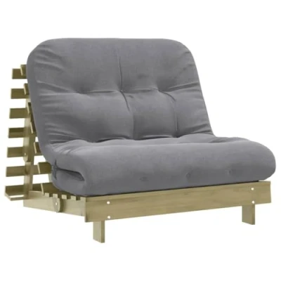 Image of vidaXL Wooden Futon Sofa Bed Adjustable Floor Couch with Grey Mattress Pine Wood Lounger for Living Room/Bedroom/Garden, Foldable and Durable Dimensions: 100 x 200 8 cm