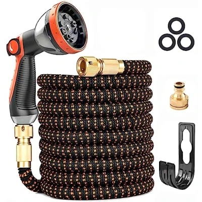Image of Expandable Garden Hose, Upgraded 3 Layer Latex Hose Pipe, 3/4&quot;&amp;1/2&quot; Metal Connectors, Durable 3450D Weave, No Kink Flexible Water 10 Function Spray (50ft/15m)