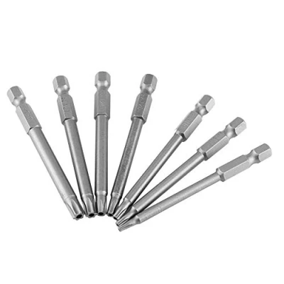 Image of 7 Piece 75 mm T8 T30 Long Torx Screwdriver Bits S2 Alloy Steel 1/4 Inch Hex Magnetic Shaft Safety Star Head Set