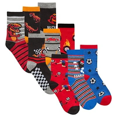 Image of Metzuyan Boys Novelty Cotton Rich Socks 9 Pairs Funky Characters T Rex Racing Football 6 8.5