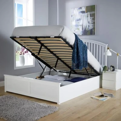 Image of Home Source Ottoman 4ft 6in Double Pine Wood End Lift Storage Bed, Gas Lift, Slatted Headboard, White