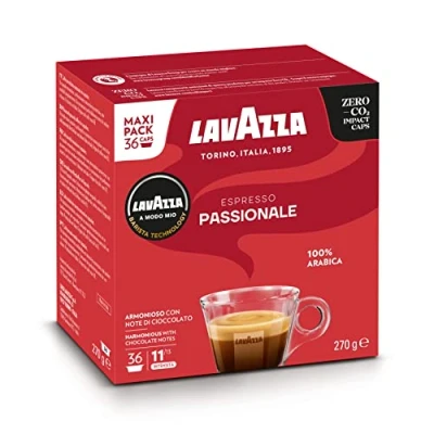 Image of Lavazza a Modo Mio Espresso Passionale, Coffee Capsules, 100% Arabica, Warm and Inviting Taste, Intensity 11/13, Dark Roasting, Perfect for 40ml Espresso, Compostable, 36 Pods