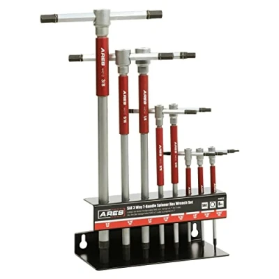 Image of ARES 44002 8 Piece SAE 3 Way T Handle Spinner Hex Allen Key Wrench Set  Sizes from 5/64 Inch to 3/8 Sliding Handle, Spinning Sleeve for Versatile Speed and Leverage Application