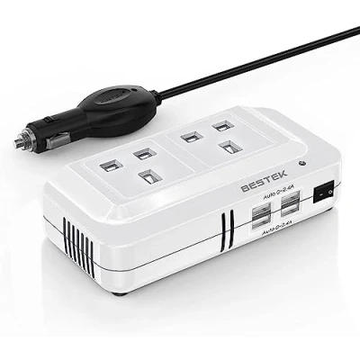 Image of BESTEK 200W Power Inverter DC 12V to AC 230V 240V Dual Socket Car Voltage Converter Transformer with 4 USB Charger