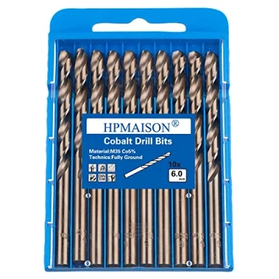 Image of HPMAISON True 5% Cobalt Jobber Drill Bit Set, 10Pcs 6mm M35 High Speed Steel Twist Bits, 135 Split Point Extremely Heat Resistant for Stainless Steel, Cast Iron, Hard Metal, Plastic, Wood