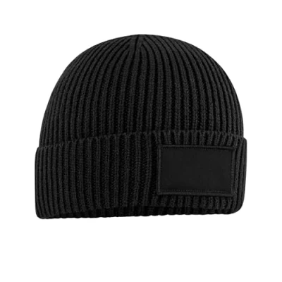 Image of Beechfield Ribbed Knit Fashion Patch Beanie Black
