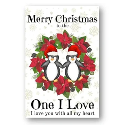 Image of Second Ave One I Love Christmas Wreath Penguin Romantic Xmas Holiday Festive Greetings Card
