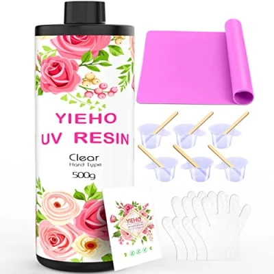 Image of YIEHO 500g UV Resin Kit Bulk Crystal Clear Hard Fast Curing Epoxy Supplies with Mat for Craft Jewelry Making