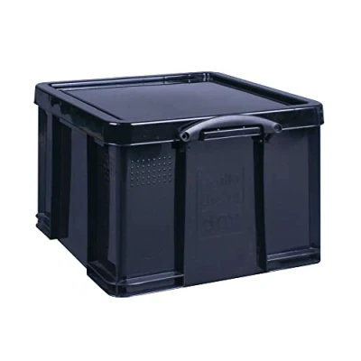Image of Really Useful Plastic Storage Box 42 Litre Solid Black with Yellow Handles