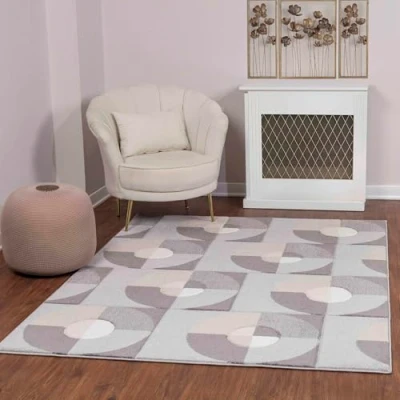 Image of Livabliss Albi Geometric Rug Scandi Area Rugs Living Room 160x213 cm, Dining, Kitchen Neutral, Abstract Patterned Rugs, Boho Style, Easy Care Pile Large Rug, White, Grey and Beige