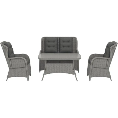 Image of Outsunny Garden PE Rattan Dining Sofa Set, Outdoor 4 Seater Wicker Furniture, High Back Chairs with Cushions, Tempered Glass Coffee Table for Patio, Light Grey