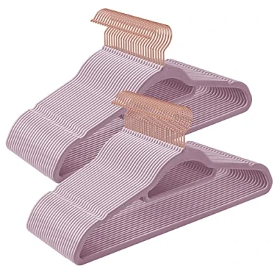 Image of SONGMICS Velvet Hangers, Set of 50 Clothes Coat Non Slip, with Tie Bar and 360 Swivel Hook, Space Saving, 43.5 cm Long, for Dresses Trousers, Rose Gold Lavender Purple CRF021GP50