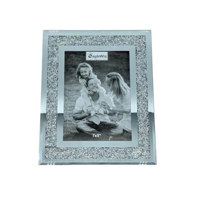 Image of EagleWiz Crushed Jewel Mirror Glass Photo Frame Elegant Silver Crystal Picture for Photos and Art Room Decor Size 7&quot; x 5&quot; (18cm 13cm)