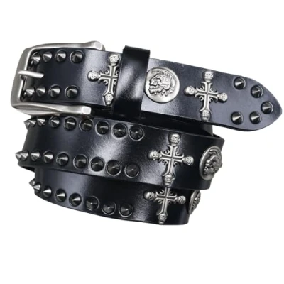 Image of Surrycee Skull Studded Belt, Punk Rock Genuine Leather Goth Use in for Men and Women Gothic Clothing Accessories, 3.8cm Wide,Black,105cm(34&quot; 36&quot;)