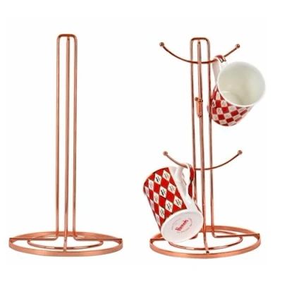 Image of Royal Cuisine set of Stainless Steel Coffee Tea Mug Tree and Kitchen Roll Holder Hanger Stand Paper Towel Cup with 6 Hooks Holders Rose Gold