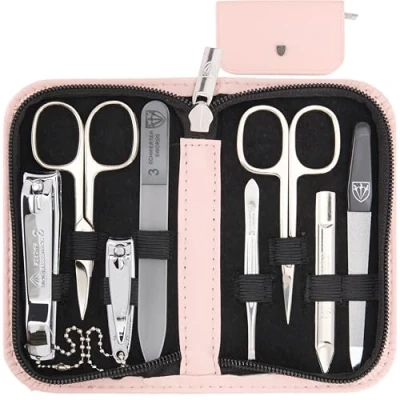 Image of 3 Swords Germany brand quality 8 piece manicure pedicure grooming kit set in light pink fashion leather case gift box Made by