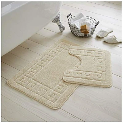 Image of GC GAVENO CAVAILIA Greek Key Pattern Bath Mats 2 Piece Sets Non Slip, Soft Washable Rug Quick Dry Water Absorbent Bathroom Shower Mat &amp; Pedestal Set, Cream