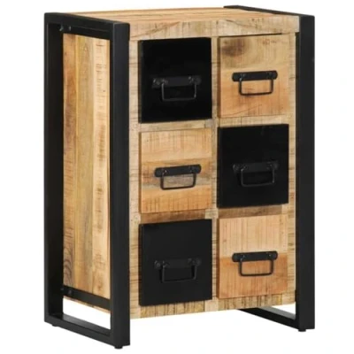 Image of vidaXL Solid Mango Wood Sideboard 6 Drawer Storage Cabinet Retro Style, Black/Brown Ideal for Living Room, Dining Office Iron Handles 50x35x70 cm