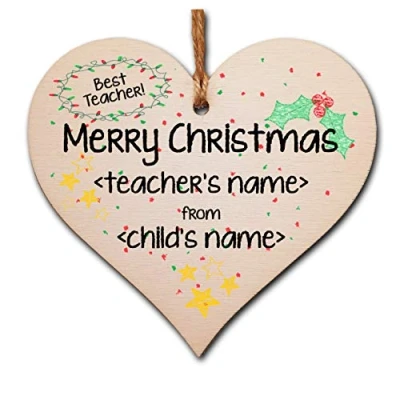 Image of The Plum Penguin Personalised Handmade Wooden Christmas Hanging Heart Plaque Gift Merry Xmas to teacher from child card alternative amazing careworker thank you present