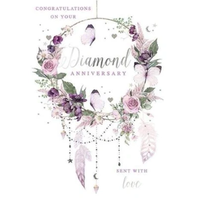Image of Pizazz Beautiful Diamond Anniversary Congratulations Card From the Range by Nigel Quiney Dusky Flower Wreath with a Stunning Silver Foil Finish Greeting For Both of You (NQ HS506)