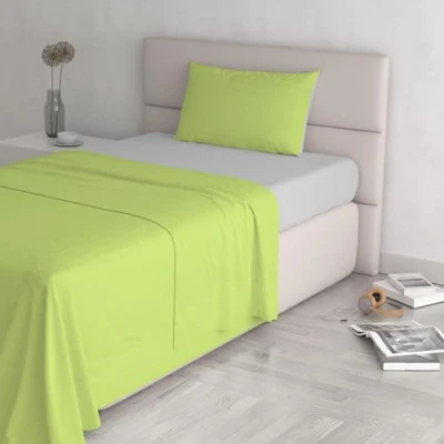 Image of Italian Bed Linen Natural Colour Sheet Set, Cotton, Acid Green/Light Grey, Small Double