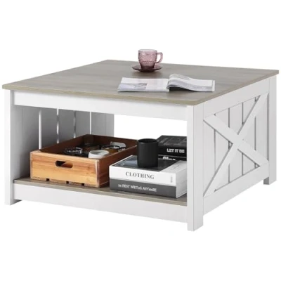 Image of VEVOR 31.5&quot; Farmhouse Coffee Table, Square Table with Open Storage Compartment, Wooden Rustic Cocktail for Living Room, Bedroom, Apartment, Studio, Gray &amp; White