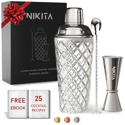 Image of Silver Cocktail Shaker Set Glass Matching Measuring Jigger and Bar Spoon with Muddler Drink Strainer 5 pcs Luxury Gift Box (Silver)