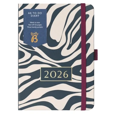 Image of Busy B 2026 Diary A6 Weekly Planner with to Do Lists &amp; Notes Pages Compact Charcoal Marble Fabric Journal Week View Layout, 3 Pockets Year