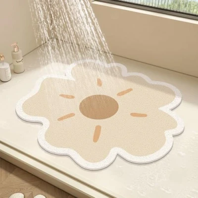 Image of Round Shower Mat Flower Bath for Inside Shower,PVC Loofah Bathroom Floor Mat,Non Slip Bathmat Anti Mould with Drain,Quick Drying (Beige,60x60cm)