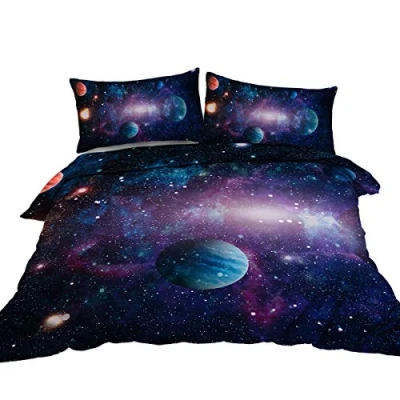 Image of BlessLiving Galaxy Space Bedding Single 3D Nebula Cosmic Universe Duvet Cover and Shams Cute Blue Purple Starry Night Sky Bed Set (3 Piece)