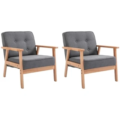 Image of HOMCOM Armchair, Linen Fabric Accent Chair, Occasional Chair with Beech Wood Frame for Living Room, Reception, Bedroom, Balcony, Set of 2, Grey and Natural