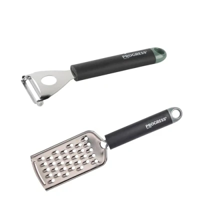 Image of Progress COMBO 8271 Peeler and Grater Set, Durable Stainless Steel, for Peeling Fruits/Vegetables, Grating Cheese, Zesting Citrus, Soft Touch Handles, Hanging Hook, Shimmer Collection, Black/Green