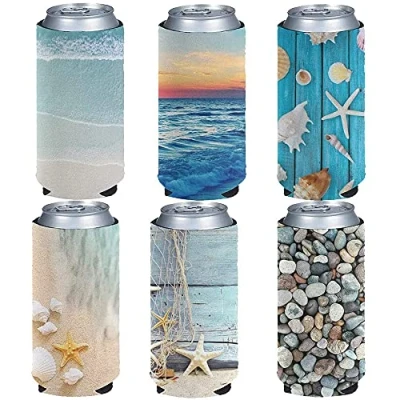 Image of Jeiento Blank Beer Can Coolers 6PACK, Beach Starfish Collapsible Soda Cover Coolies, DIY Personalized Sublimation Sleeves for Weddings, Bachelorette Parties
