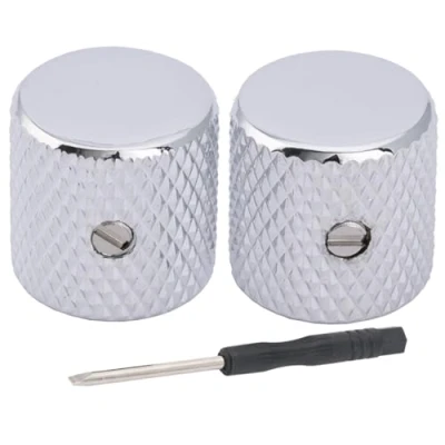 Image of Musiclily Pro 6mm Steel Knurled Flat Top Barrel Knobs with Set Screw for Telecaster Electric Guitar or Precision Bass, Chrome (Set of 2)